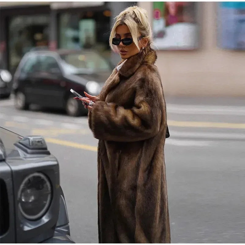 Dark Brown Faux Fur Long Overcoat for Women