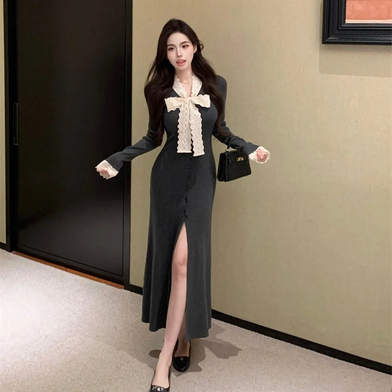 New Autumn Winter Women's V Neck Knitted Long Sleeve Dress