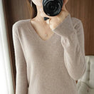 Switch Cashmere women&#39;s V-neck pullover sweater with lace neck detailing and long sleeves. 2 image