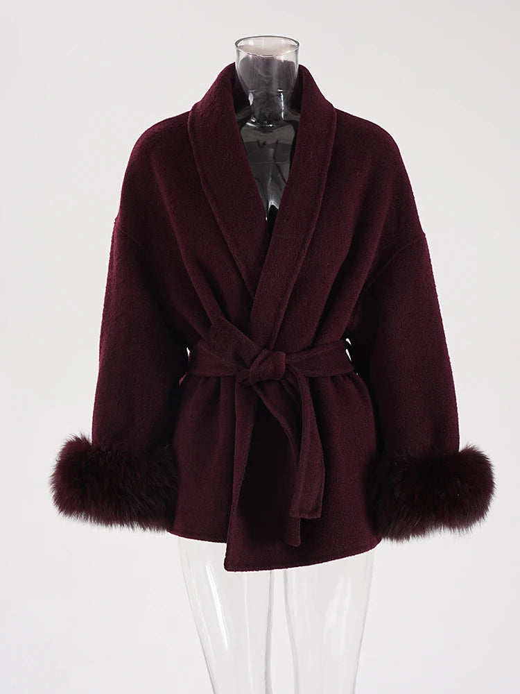 ZMEENNA Wine Red Fur Cuff Belted Woolen Coat for Women