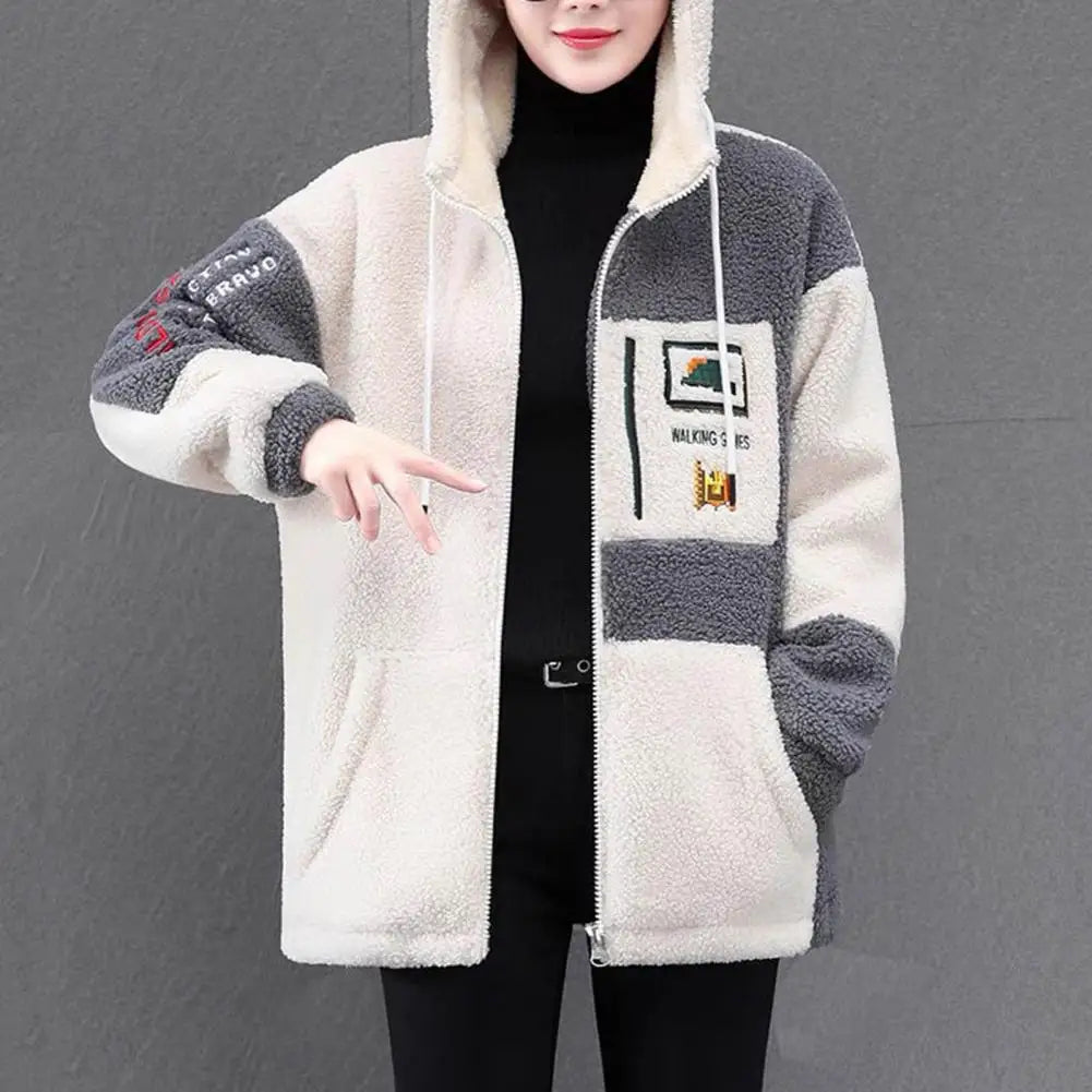 Colorblock Plush Hooded Coat for Women