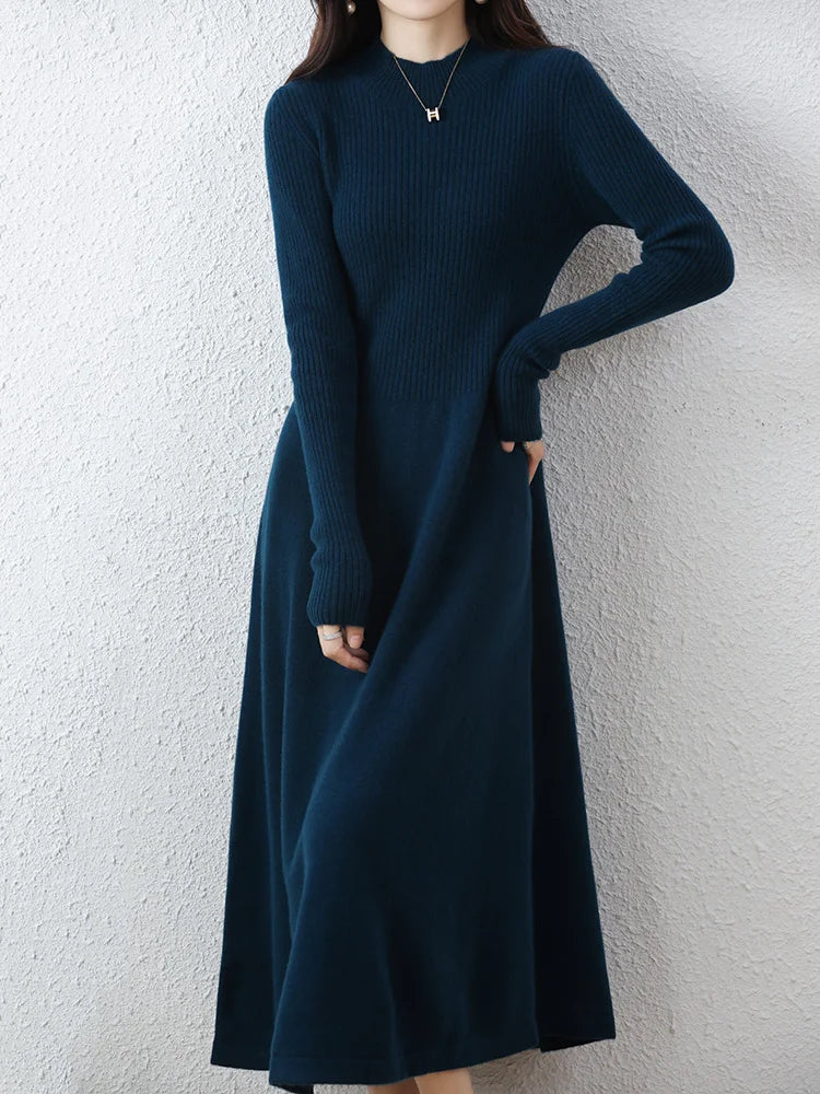 Autumn Winter Women's Wool Mock Neck Dress