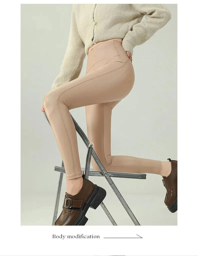 Fall Winter High-Grade Fleece PU Leather Leggings