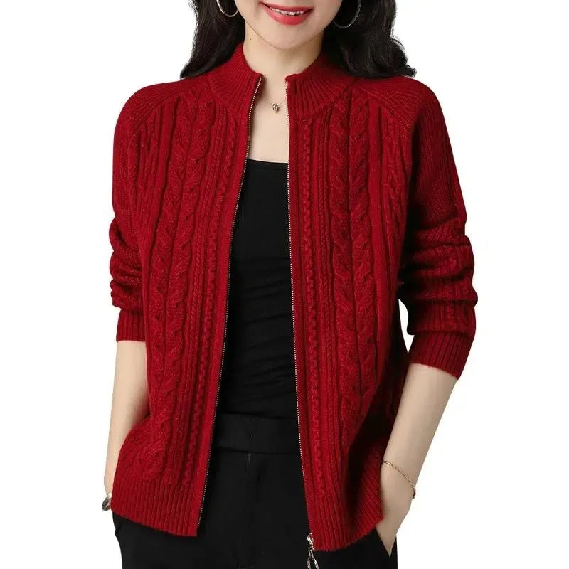 Half High Collar Zipper Knitted Cardigan Jacket for Women