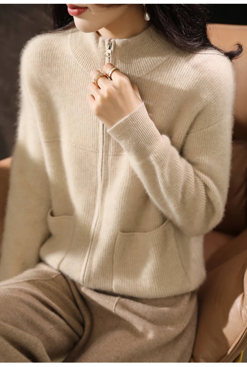 Merino Wool Half-High Collar Cardigan for Women