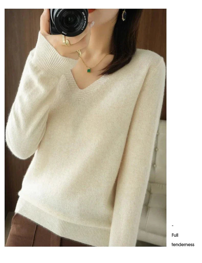 Cashmere women's V-neck pullover sweater with long sleeves and casual knitted design.