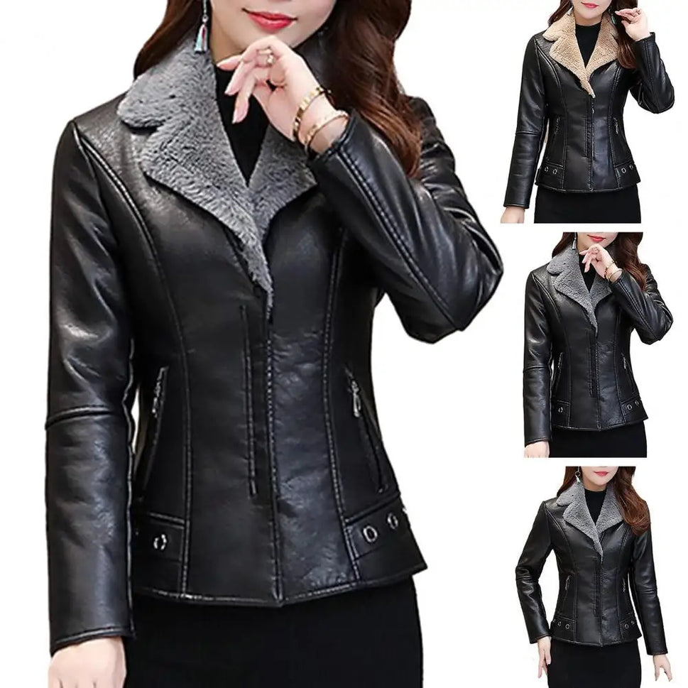 Plush Lapels Faux Leather Jacket for Women