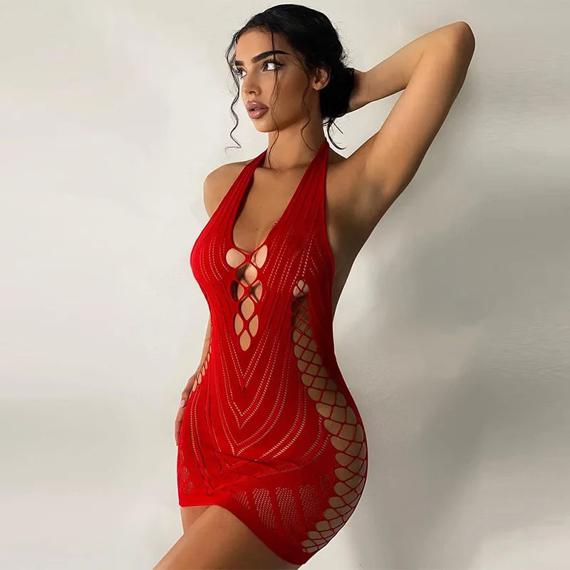 Sexy Fishnet Halter Backless Dress