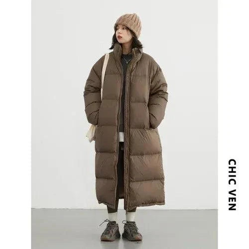 Women’s Long Down Coat, Thick & Warm, Autumn/Winter, Loose Casual Jacket 2023, Brown.