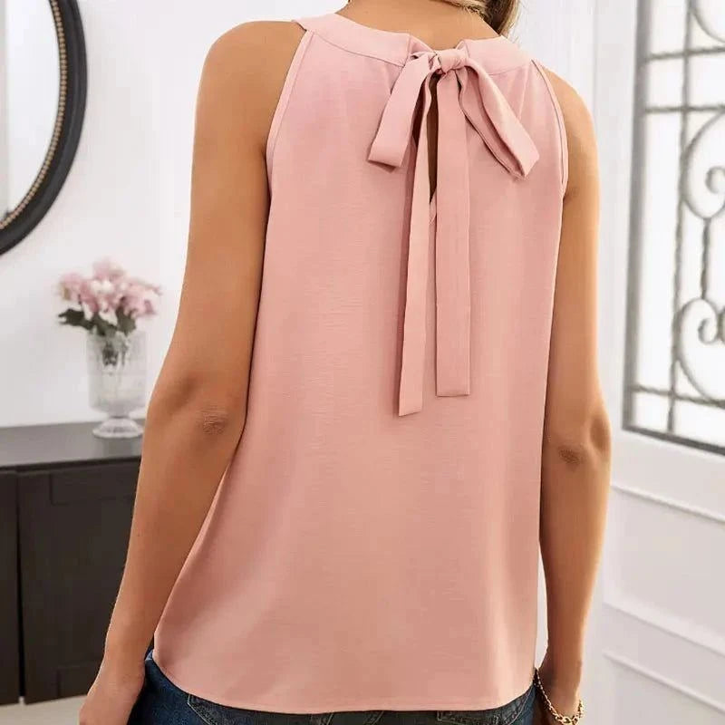 Elegant sleeveless summer tank top with O-neck and bow detail, perfect for casual outings.