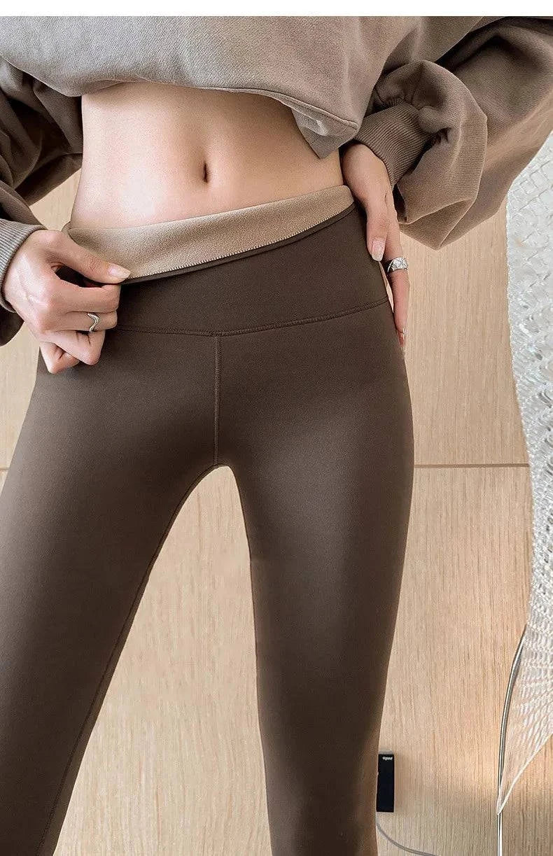 Women's high-waist thin rabbit fleece leggings for autumn and winter, featuring a seamless design and elastic pressure fit for style and comfort.