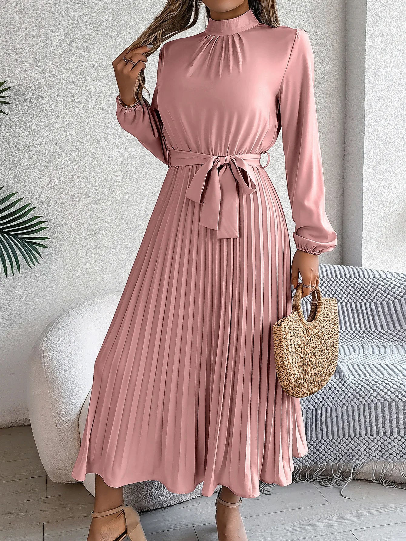 Elegant Stand-Up Collar Pleated Long Dress