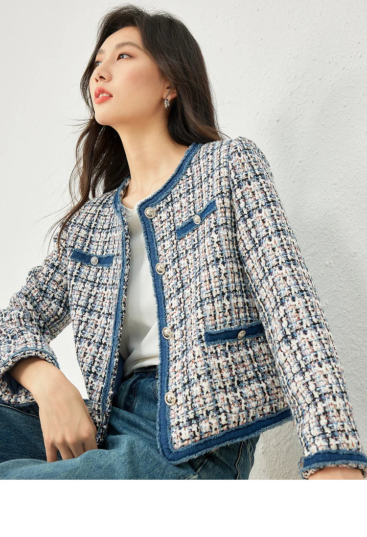 Vimly Plaid Tweed Cropped Jacket for Women