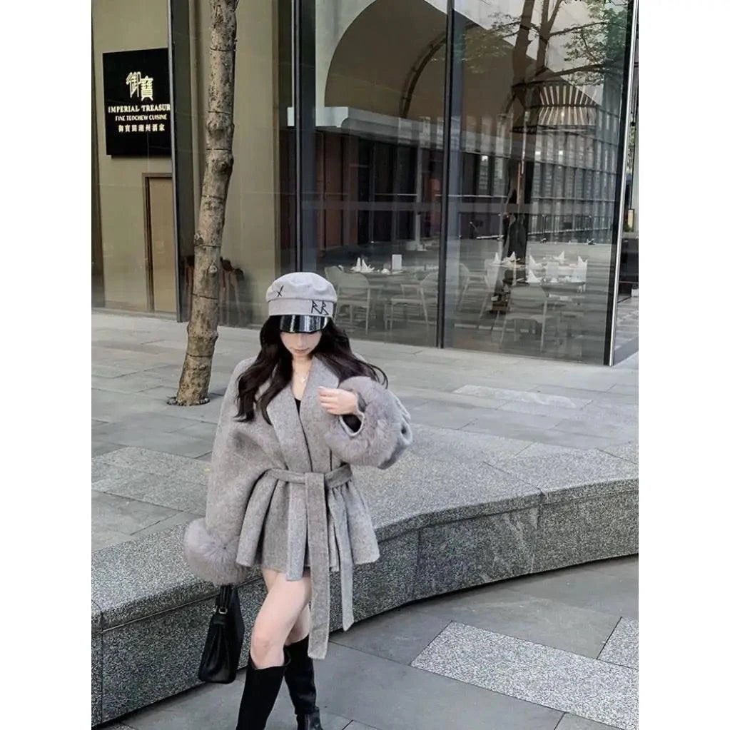 Winter New Loose Fit Lazy Style Chic Fashion V-neck Blend Coat