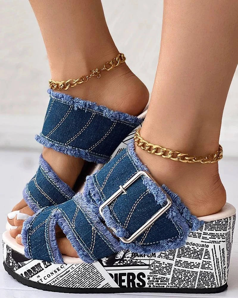 Chic Denim Wedge Sandals