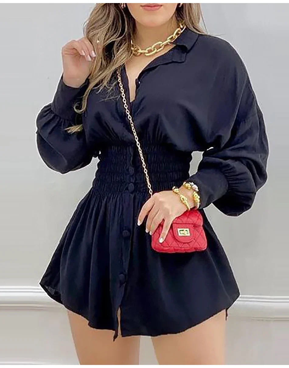 Chic autumn mini dress with long sleeves and high waist design.