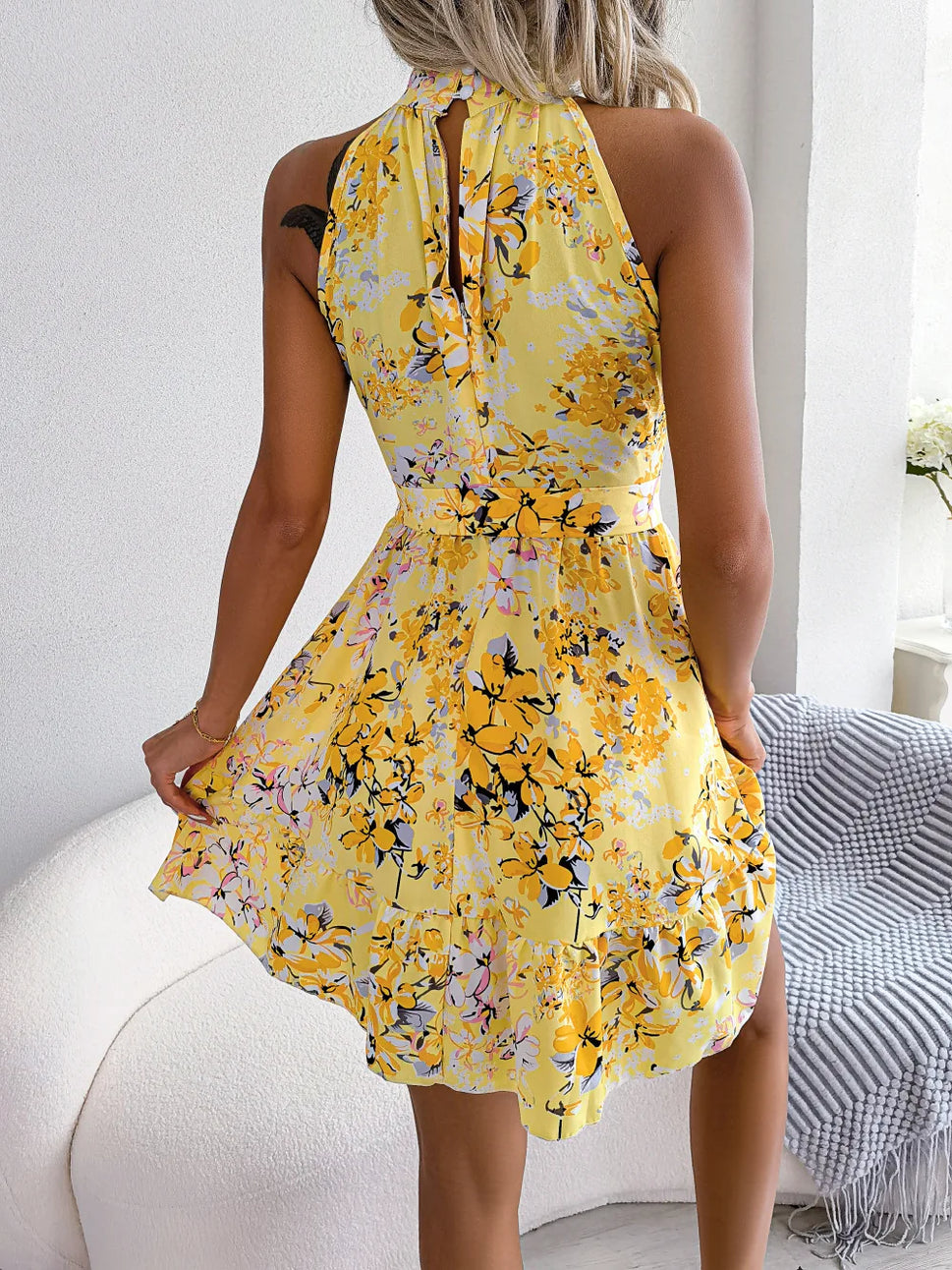 Floral Halter Neck Ruffled A-Line Dress