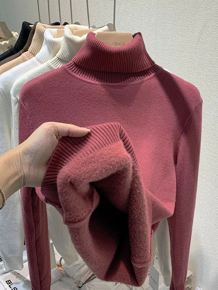 Elegant Velvet Lined Turtleneck Sweater for Women