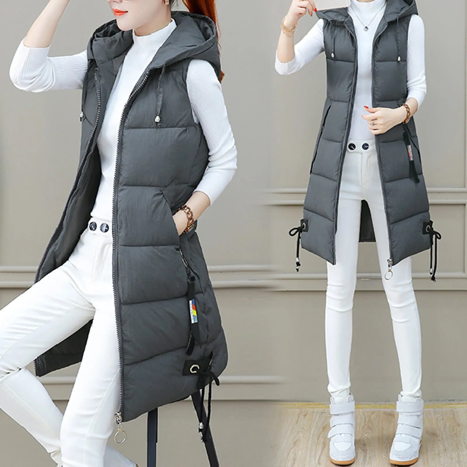 Women Solid Hooded Vest Zipper Pocket