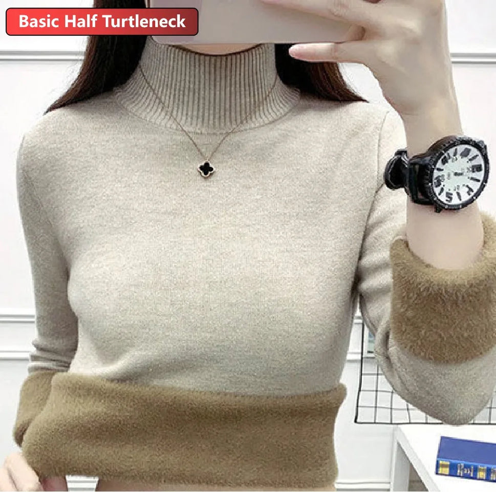 Elegant Velvet Lined Turtleneck Sweater for Women