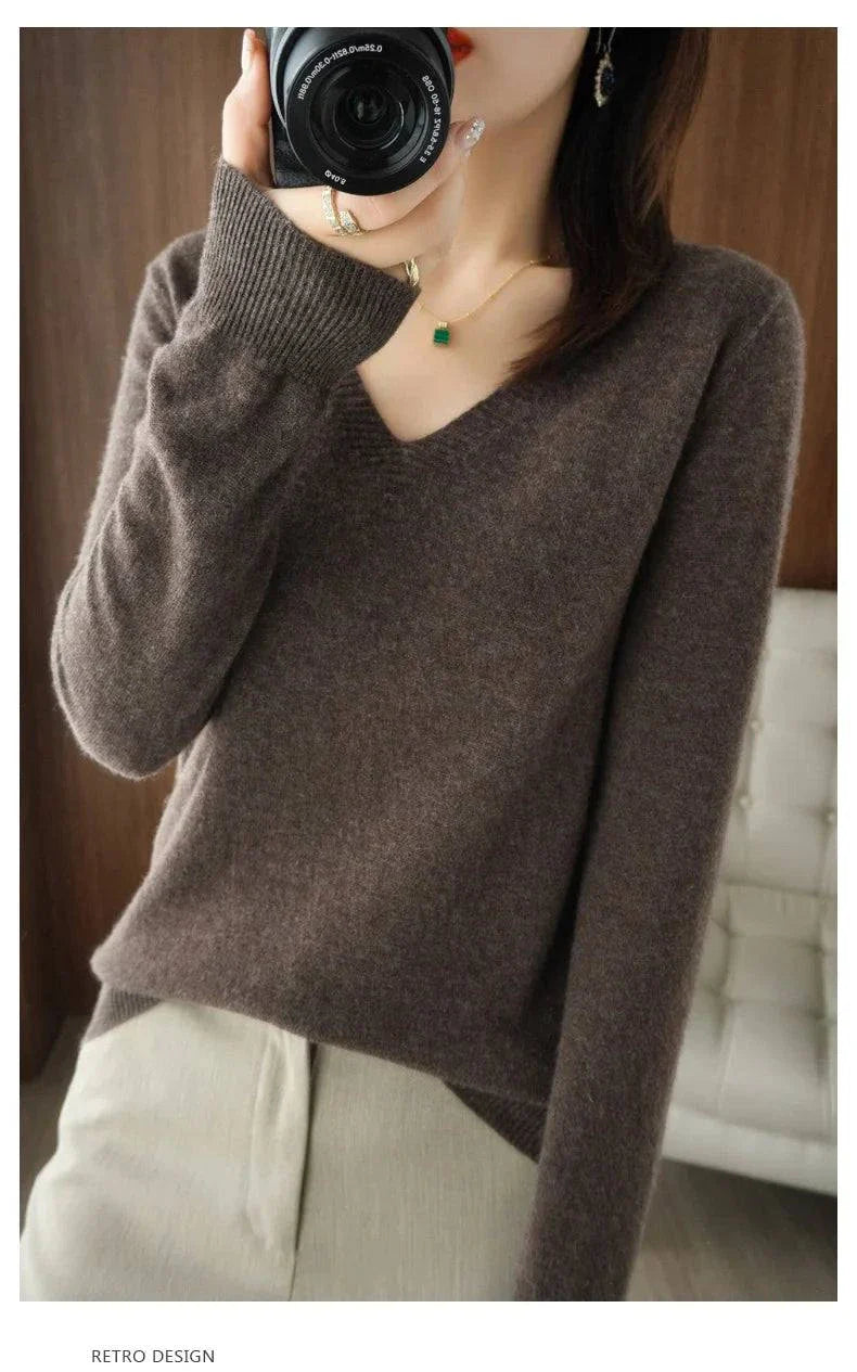 Cashmere women's V-neck pullover sweater, brown, with long sleeves and lace neck detailing.