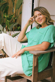 Umgee Full Size Linen Blend Cuffed Sleeve Frayed Hemline Top Plus Size