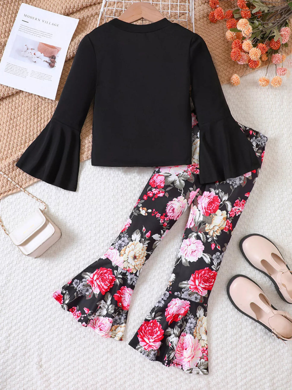 Children's Solid Top & Floral Flare Pants Set