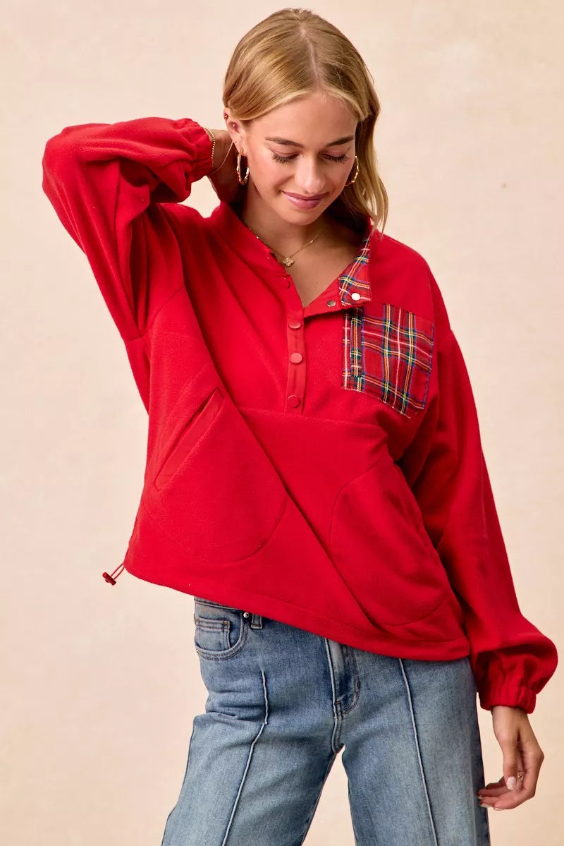 BiBi Christmas Theme Fleece Buttoned Top with Pockets
