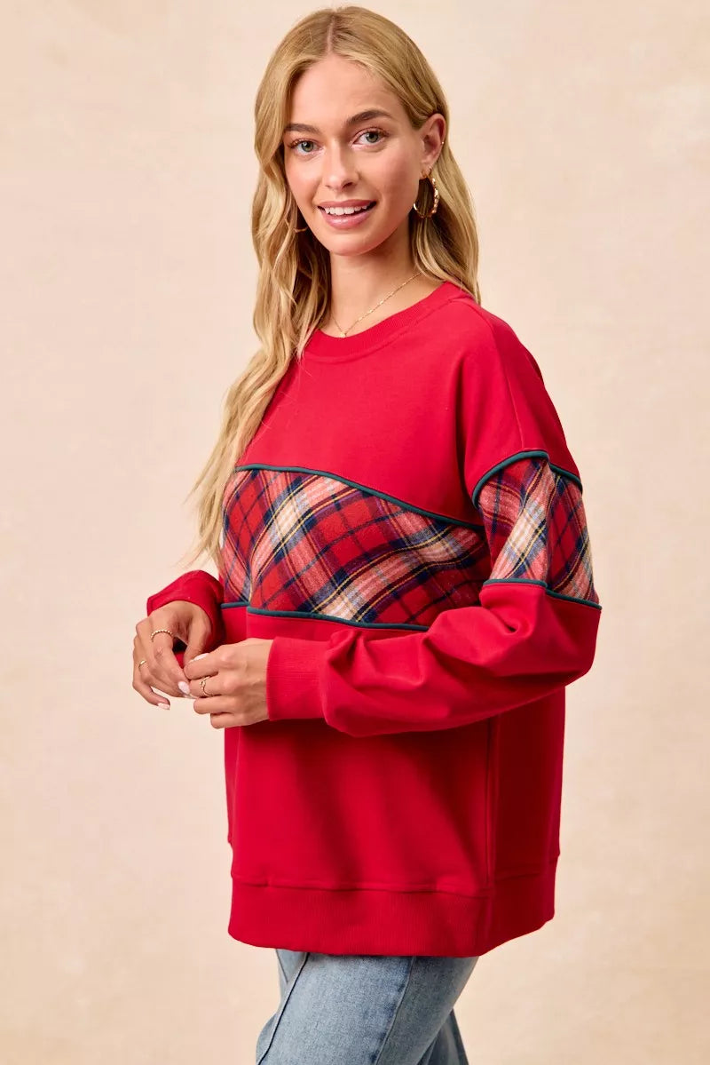 BiBi Christmas Theme Plaid Block Sweatshirt with Binding