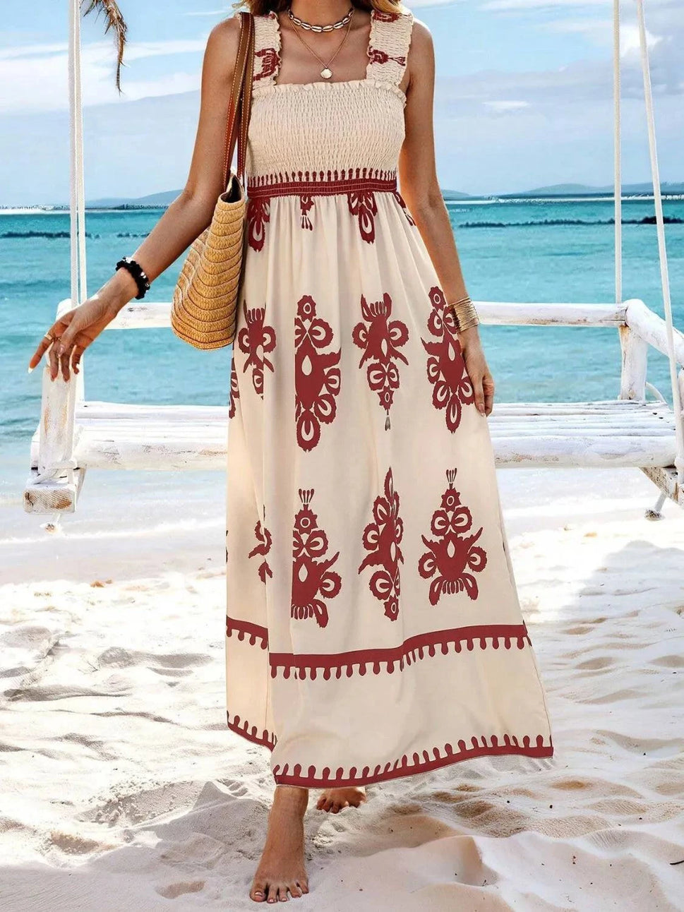 Smocked Printed Wide Strap Maxi Dress