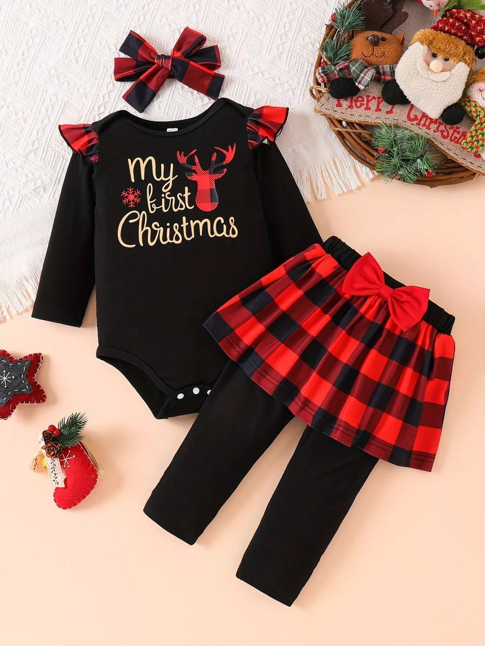 Children's Christmas Bodysuit and Pants Set with Headband