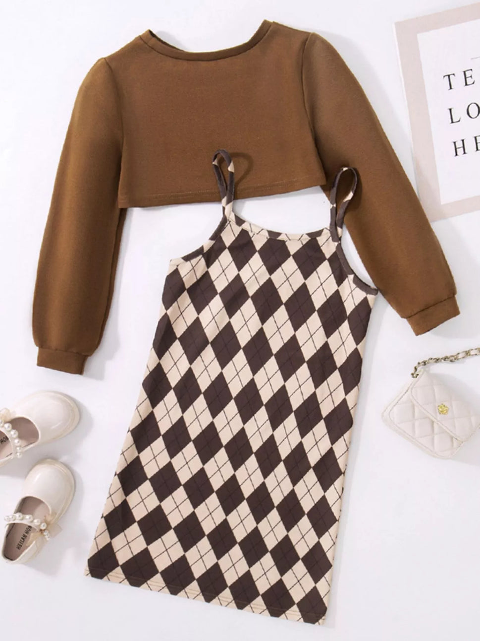 Children's Plaid Print Long Sleeve Dress Set