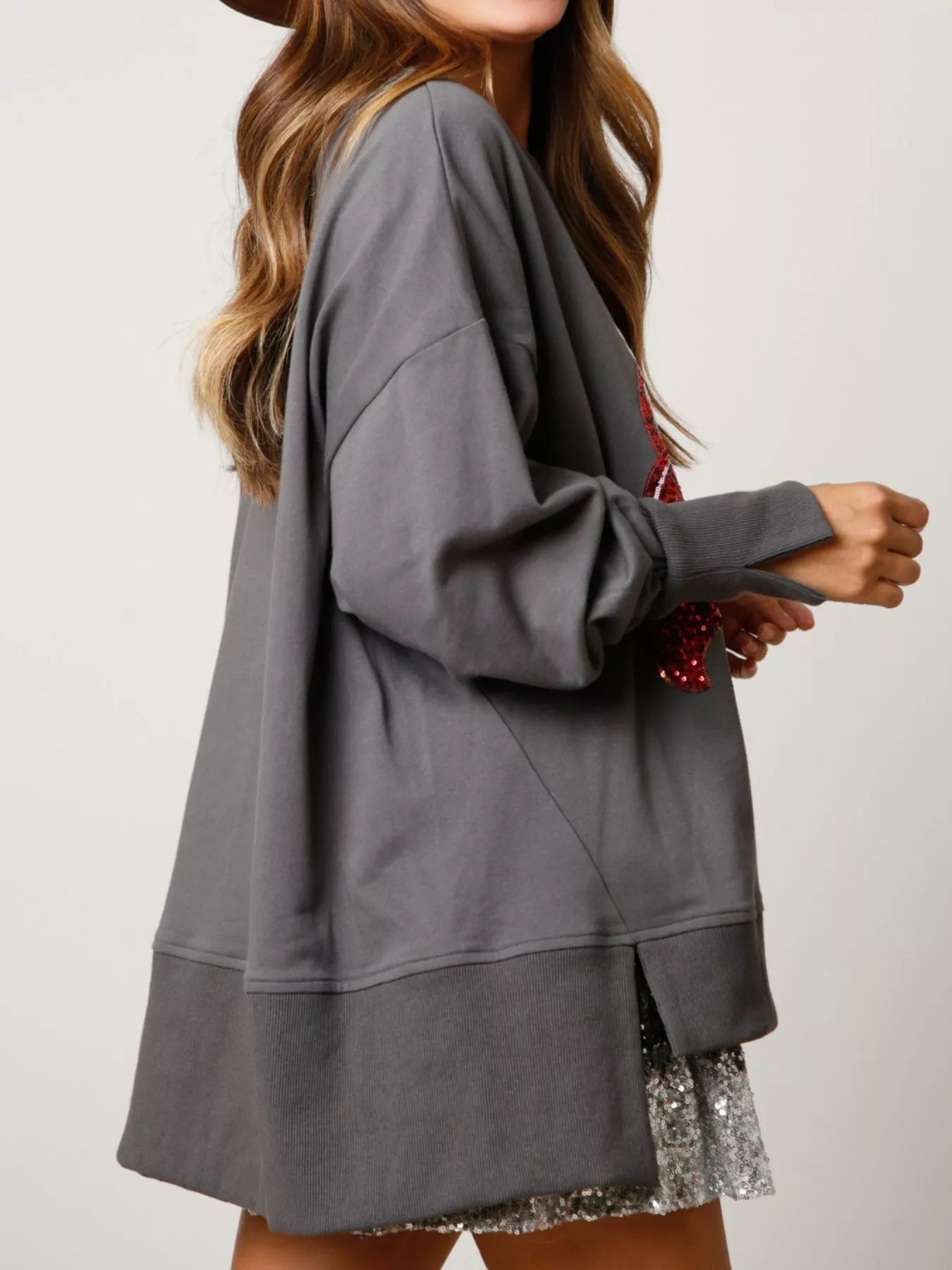 Christmas Sequin High-Low Round Neck Sweatshirt