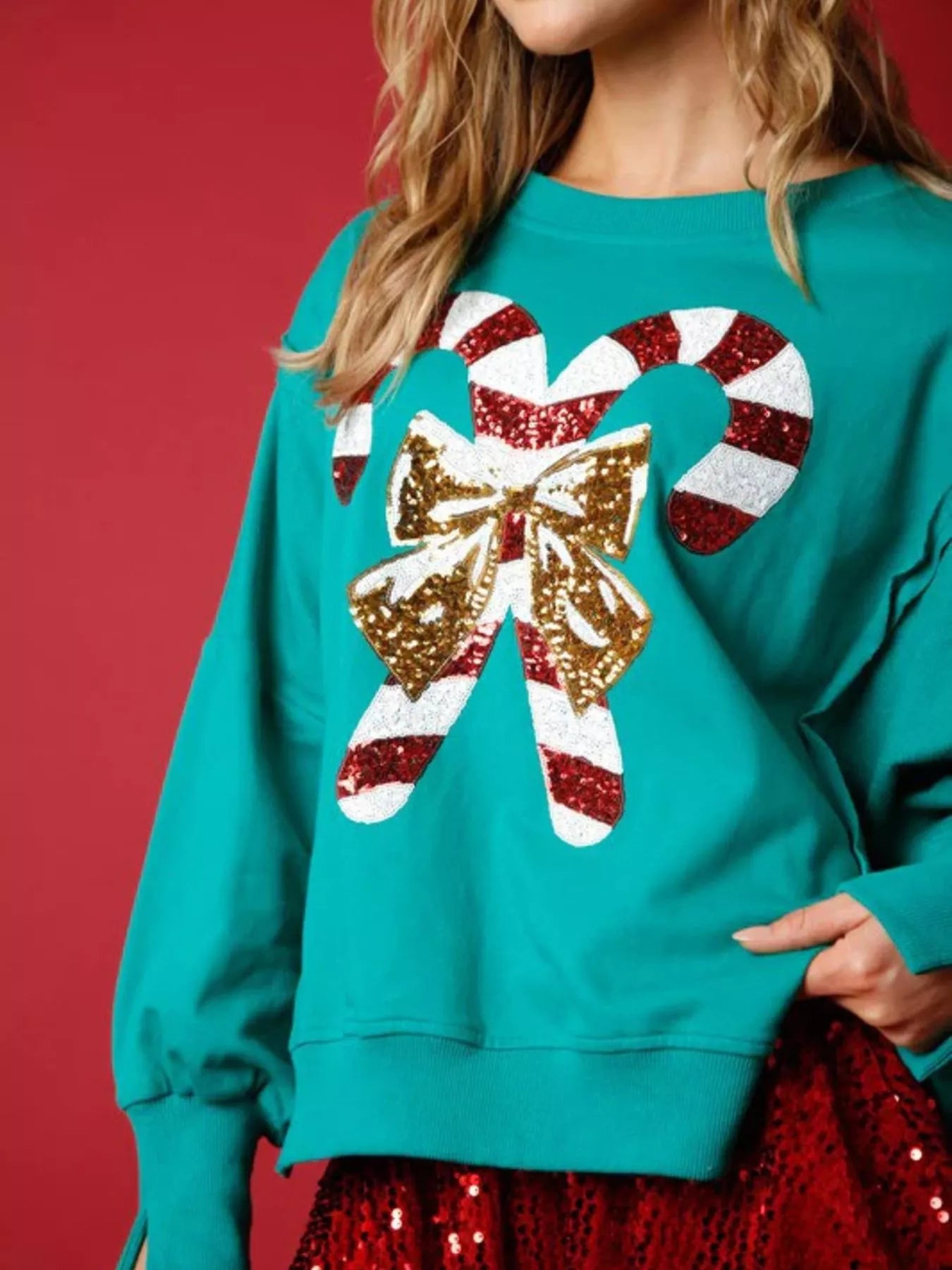 Christmas Candy Cane Bow Dropped Shoulder Sweatshirt