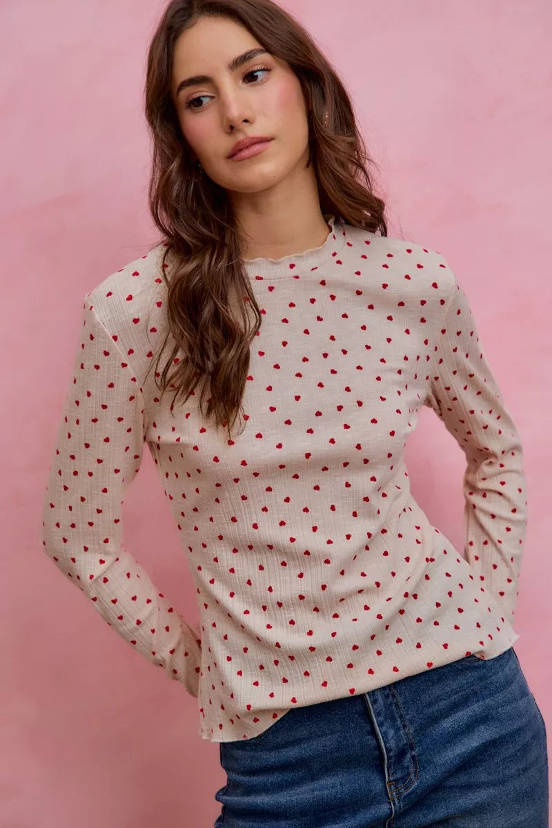 SO ME Ditsy Heart All Over Slub Rib Knit Valentine Top