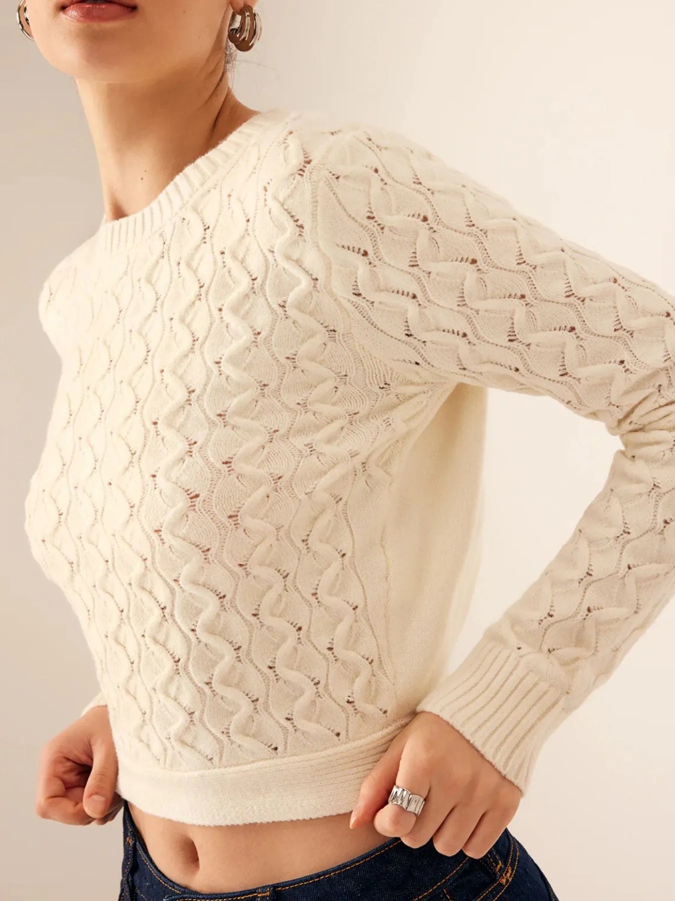 Cutout Bow Back Texture Round Neck Sweater