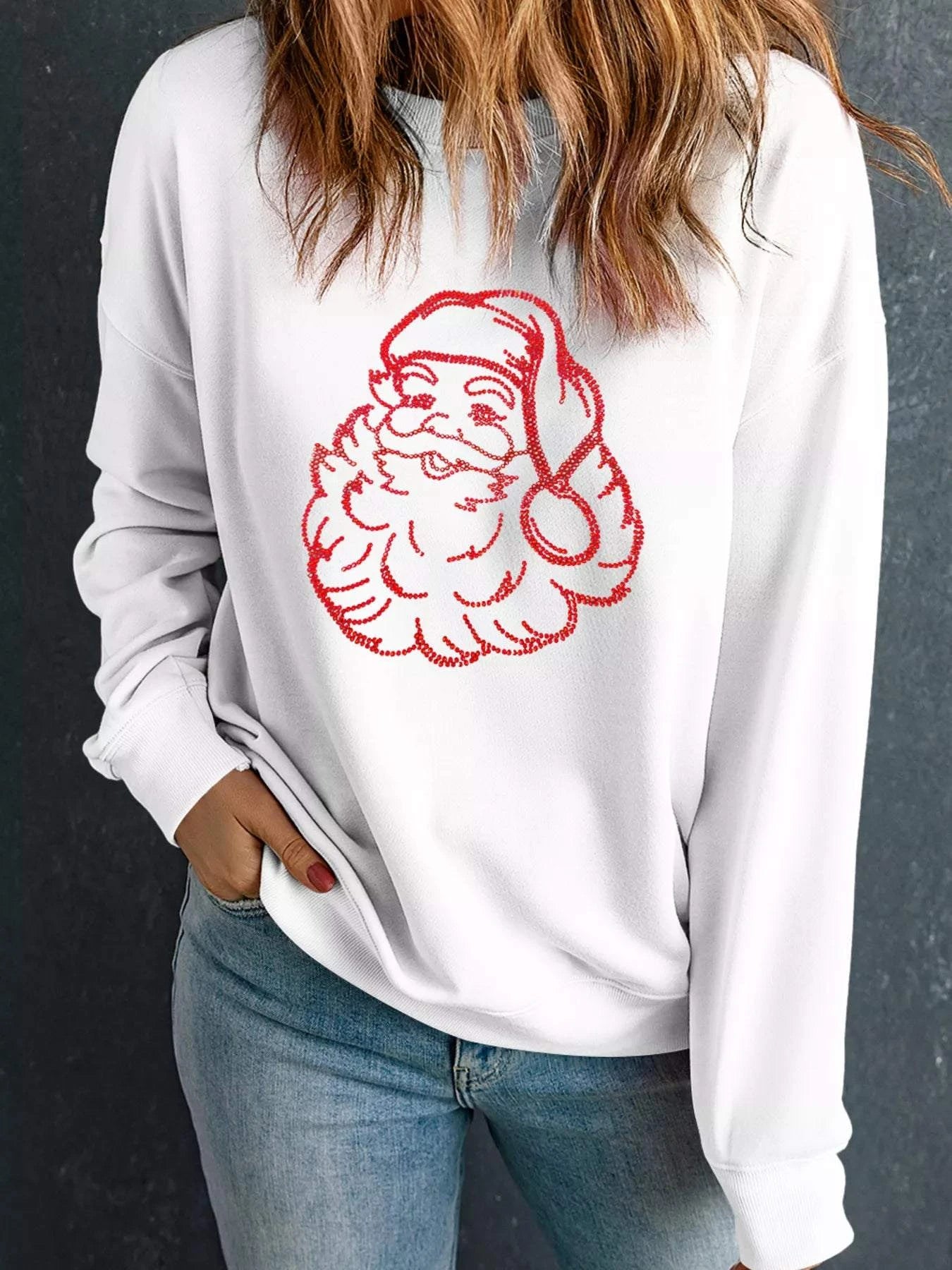 Christmas Santa Rhinestone Drop Shoulder Sweatshirt
