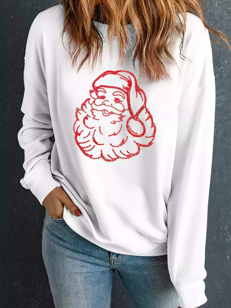 Christmas Santa Rhinestone Drop Shoulder Sweatshirt