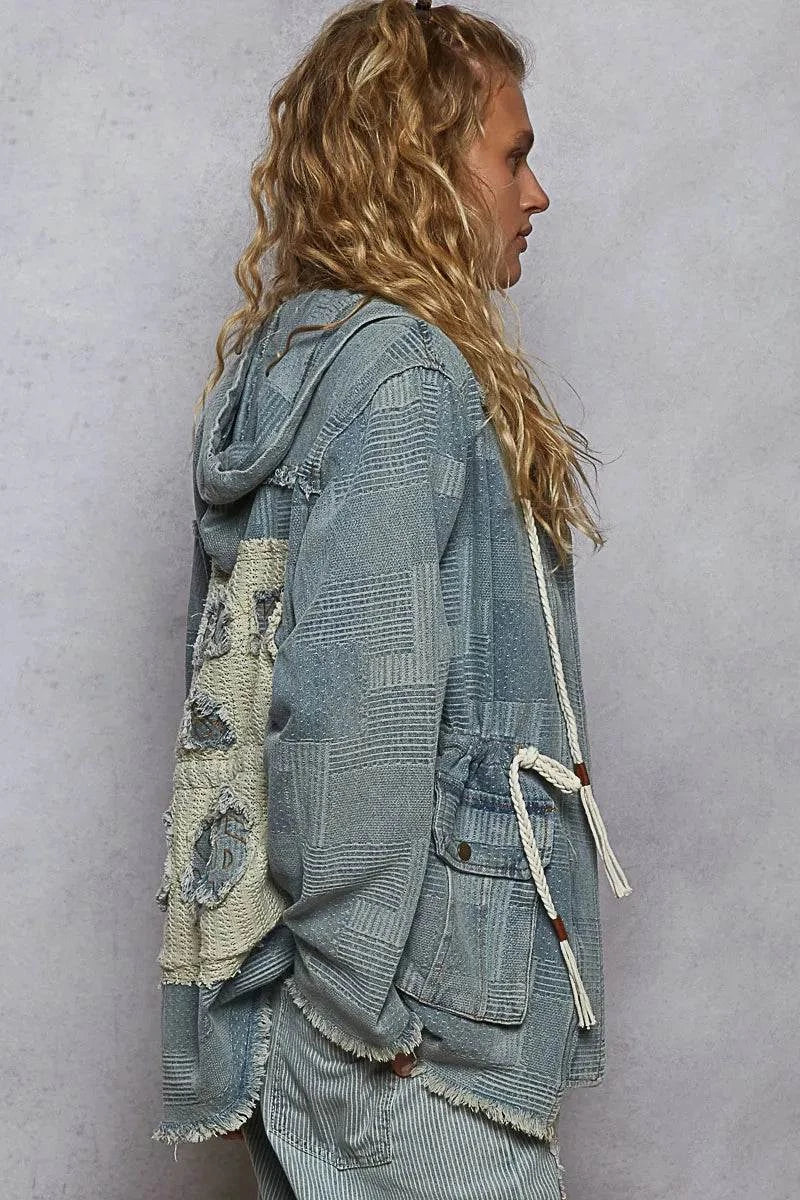 POL Raw Hem Drawstring Zip Up Hooded Denim Jacket