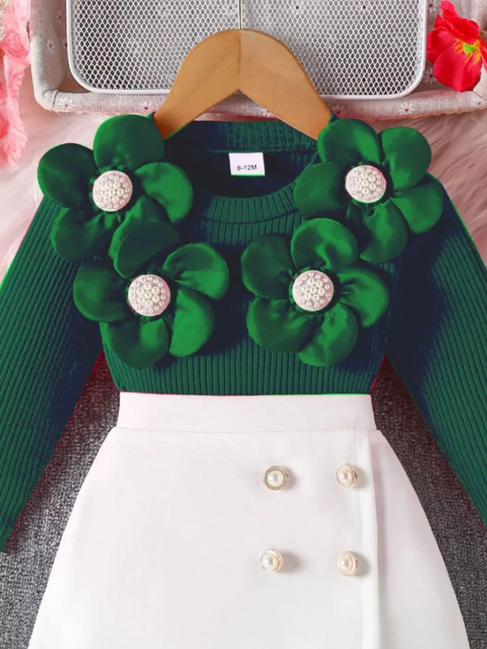 Children's Floral Applique Ribbed Top & Button Decor Skirt Set