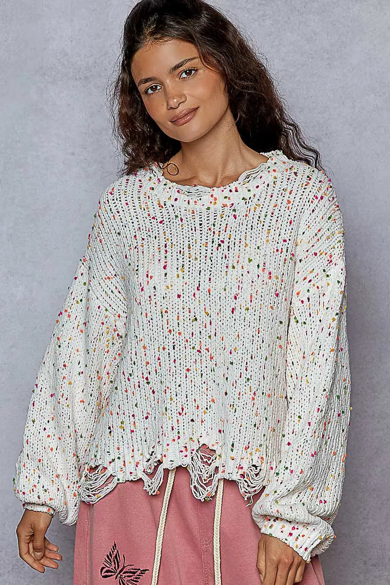POL Round Neck Fringed Hem Sweater