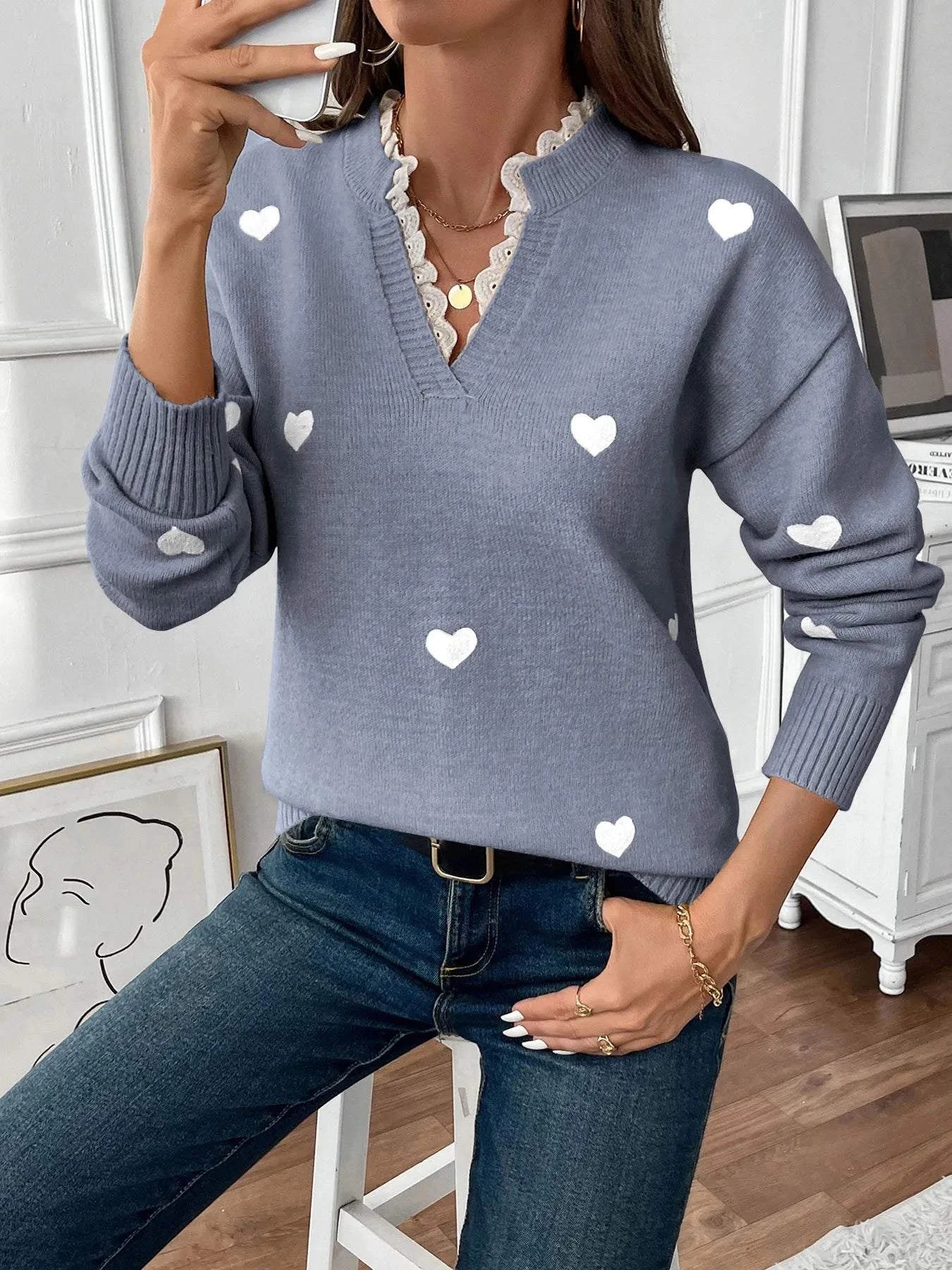 Heart V-Neck Long Sleeve Sweater