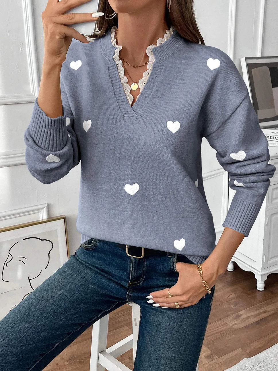 Heart V-Neck Long Sleeve Sweater