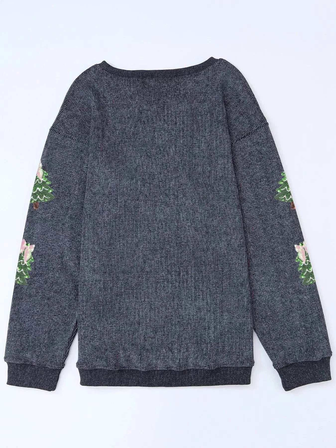 Ribbed Round Neck Sequin Christmas Tree Patched Baggy Sweatshirt