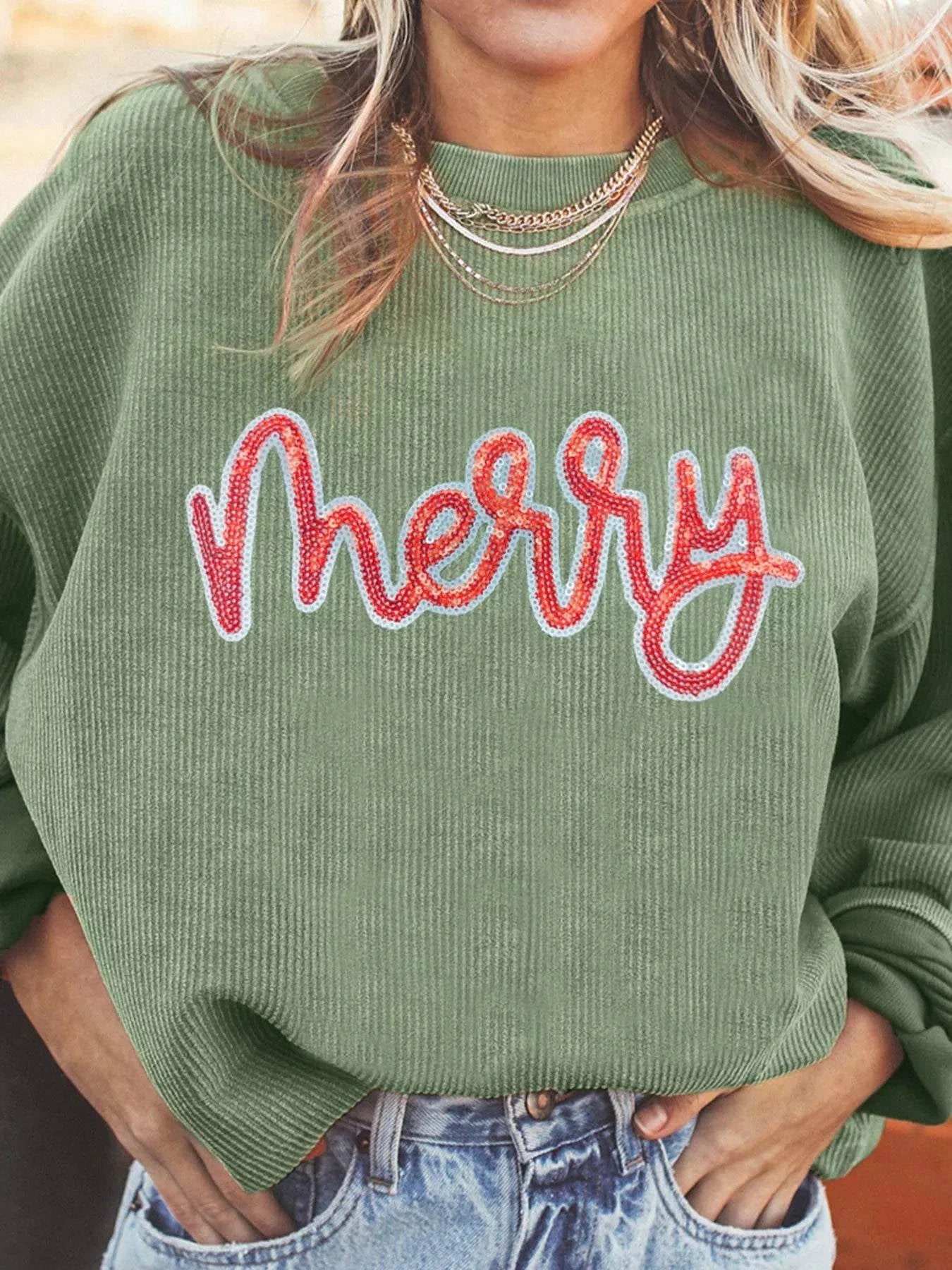 Merry Letter Christmas Sequined Twisted Ribbed Sweatshirt