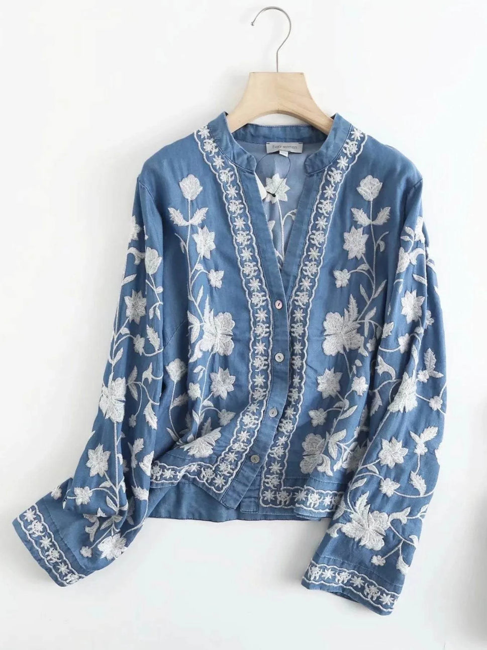 Floral Embroidered Button Up Denim Shirt
