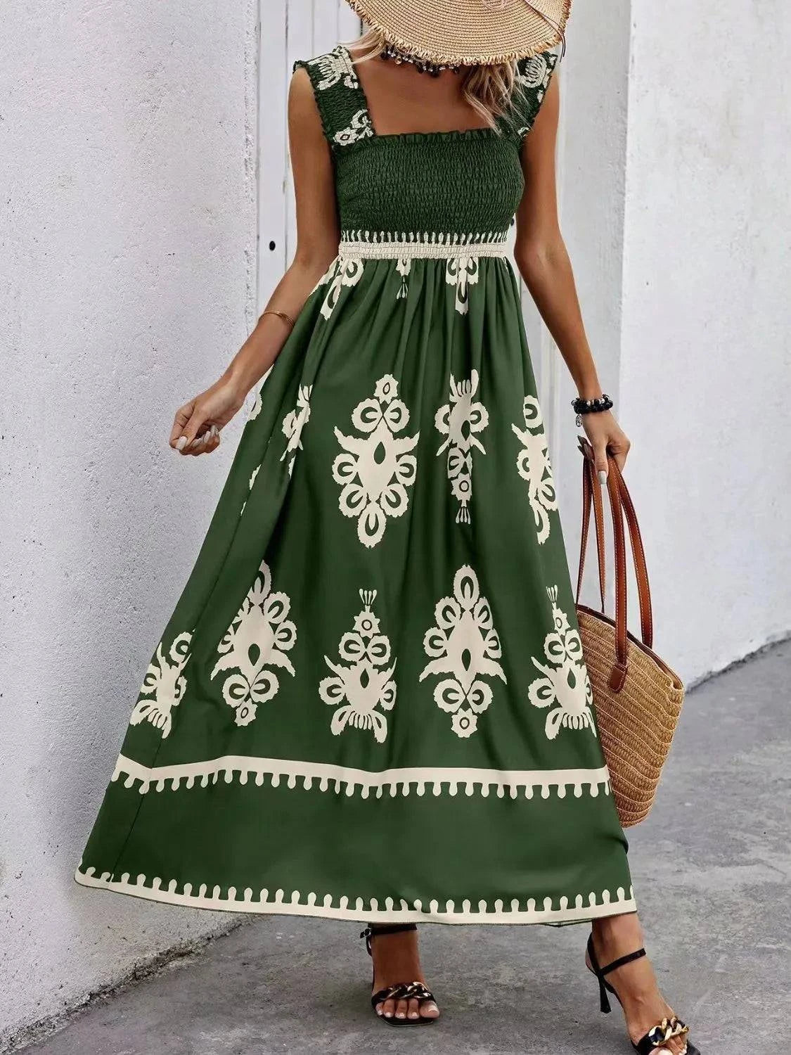 Smocked Printed Wide Strap Maxi Dress