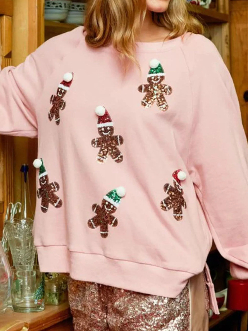 Christmas Sequin Gingerbread Round Neck Sweatshirt