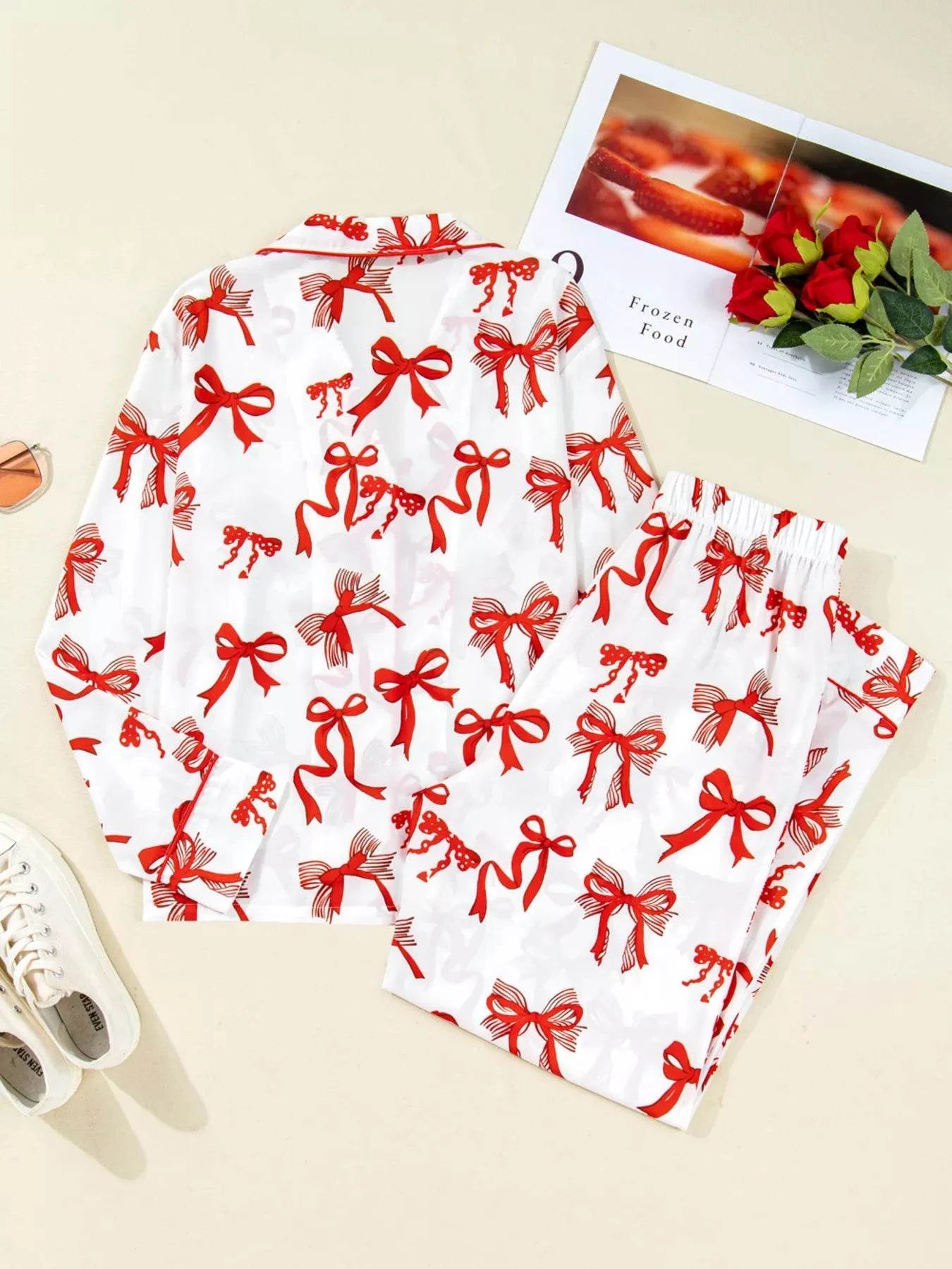 Christmas Bow Print Top and Pants 2pcs Pajama Set