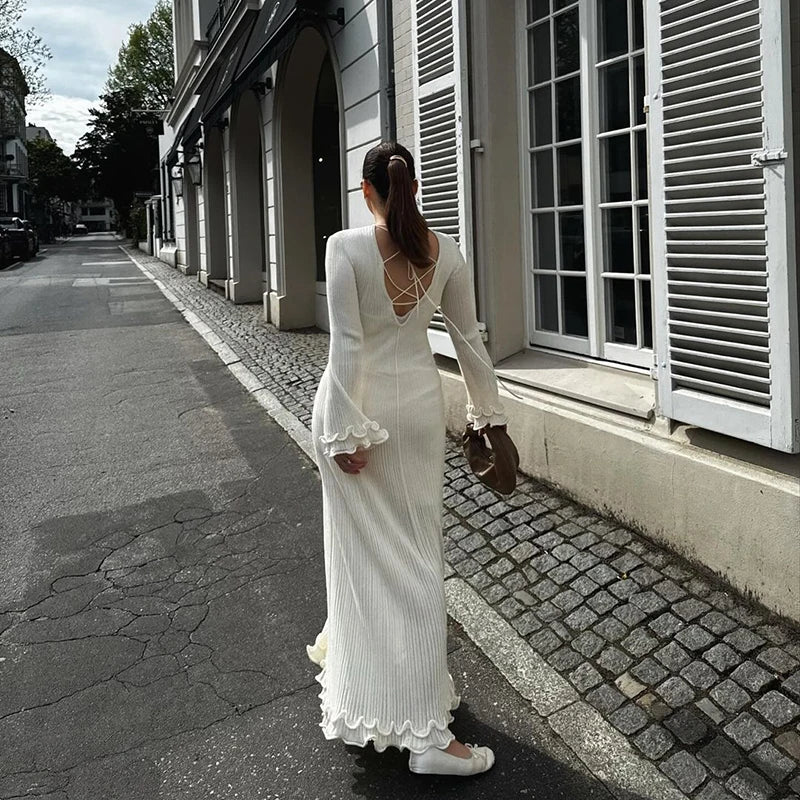 Elegant White Ruffle Pleated Long Dress